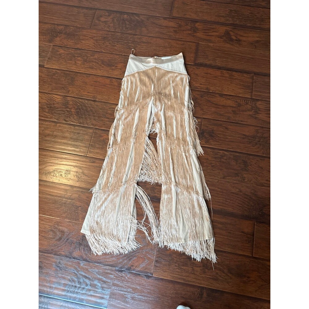 MESHKI Ivory Cream Fringe Wide Leg Pants Statement Boho Festival Party Y2K Smal
